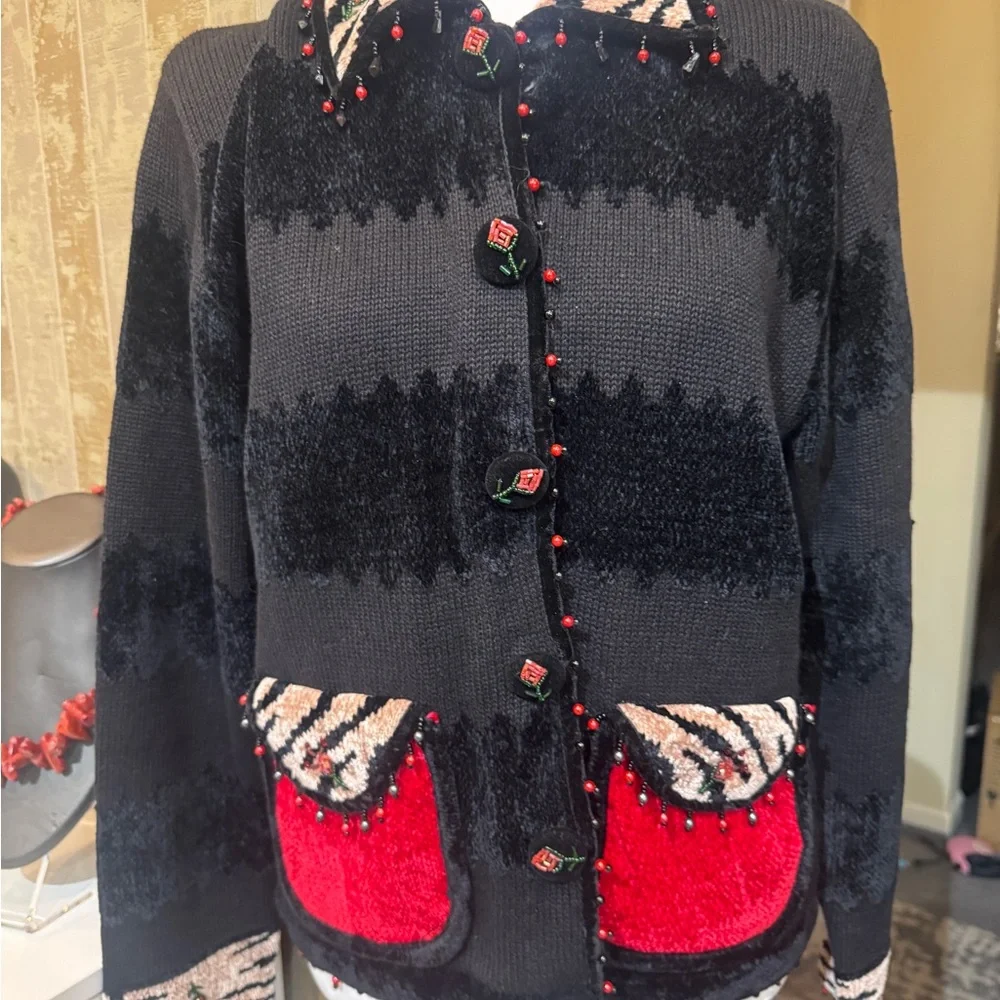 Vintage Berek Classy Black and Red Women's Button‎ Sweater Size Medium